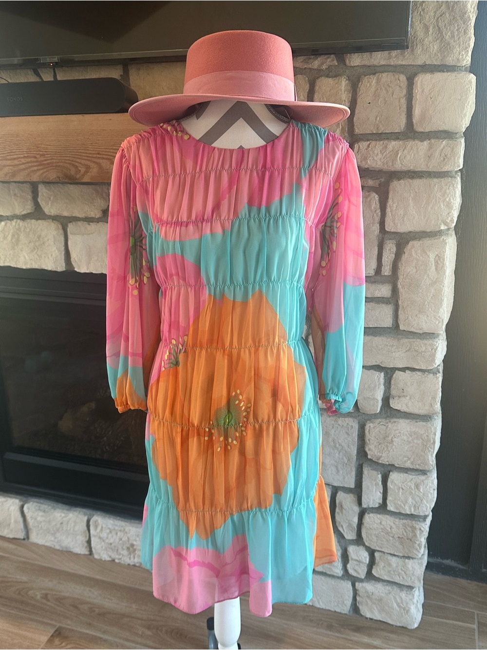 Trina Turk Silvery Floral Pastel  Pleated Dress Mini Size